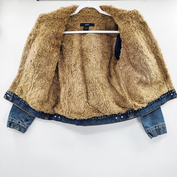 GAP Blue Jean Brown Faux Fur Lined Collared Trucker Jacket Women's Size M - Picture 3 of 10